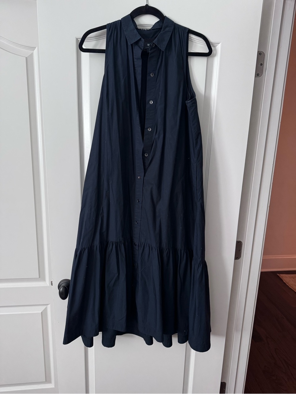 Maeve Sleeveless Button-Front Tiered Maxi Dress in Dark Navy